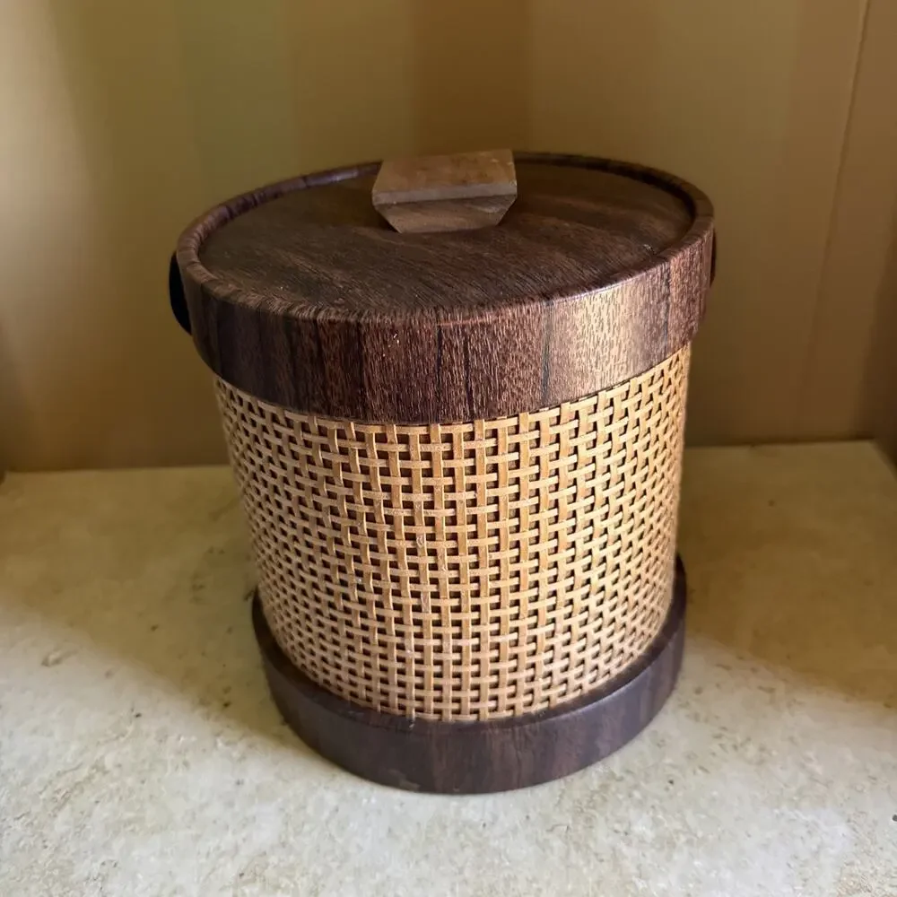 Mid Century Modern MCM Faux Wood Grain & Basket Weave Ice Bucket Bar